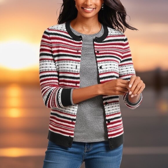 Talbots Lambswool Blend Fair Isle Red Black Cardigan Sweater Womens Size Medium - Picture 1 of 9